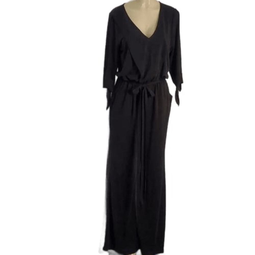 Free People Jumpsuit Black Cold Shoulder Belt V-Neck Wide Leg Size M
